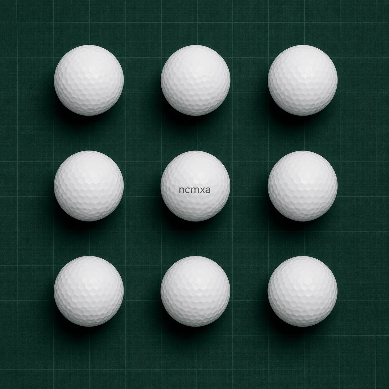 Nueve bolas de golf blancas dispuestas de forma uniforme sobre fondo verde